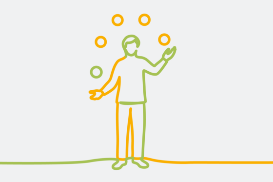 Grafische Darstellung einer mit mehreren Bällen jonglierenden Person als orange-grüne Bändergrafik, Speiseversorgung Gesundheitswesen, Krankenhausdienstleister, Kochen und Essen Krankenhaus, Immanuel Albertinen kocht, Berlin, Hamburg Grafische Darstellung einer mit mehreren Bällen jonglierenden Person als orange-grüne Bändergrafik