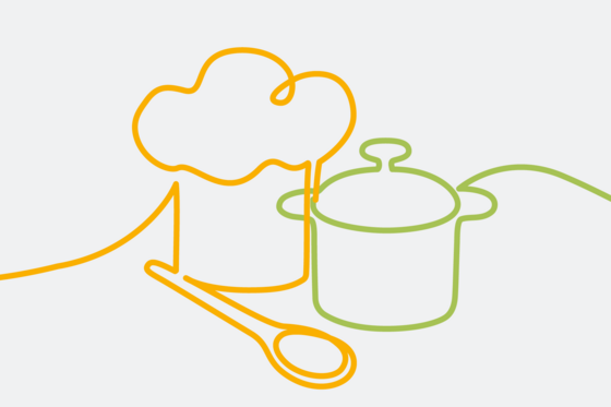 Grafische Darstellung eines Kochtopfs mit Kochmütze und Kochlöffel als orange-grüne Bändergrafik, Speiseversorgung Gesundheitswesen, Krankenhausdienstleister, Kochen und Essen Krankenhaus, Immanuel Albertinen kocht, Berlin, Hamburg Grafische Darstellung eines Kochtopfs mit Kochmütze und Kochlöffel als orange-grüne Bändergrafik