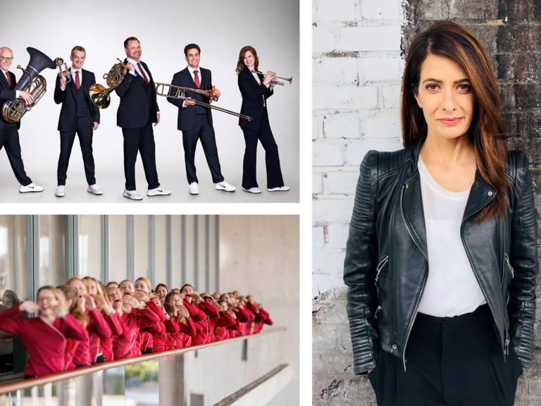 Fotocollage zeigt Band Canadian Brass, Mädchenchor Hamburg und Linda Zervakis, Engagement für Benefizkonzert in Hauptkirche St. Michaelis, Projekt Herzbrücke, Albertinen-Stiftung Hamburg
