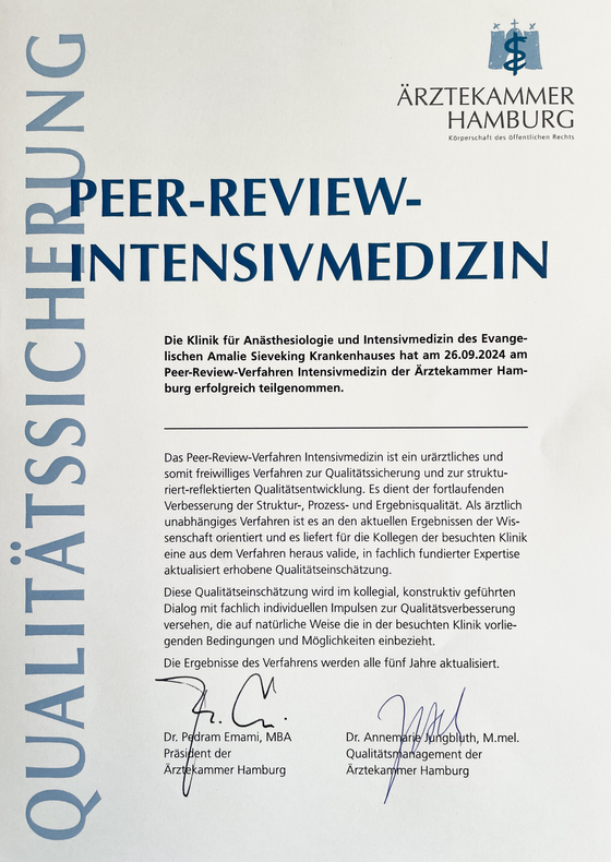 Zertifikat Peer-Review-Intensivmedizin, Qualitätssicherung erfolgreich bestanden, Auszeichnung, Evangelisches Amalie Sieveking Krankenhaus Hamburg-Volksdorf Zertifikat Peer Review Intensivmedizin, Qualitätssicherung erfolgreich bestanden, Auszeichnung, Evangelisches Amalie Sieveking Krankenhaus Hamburg-Volksdorf
