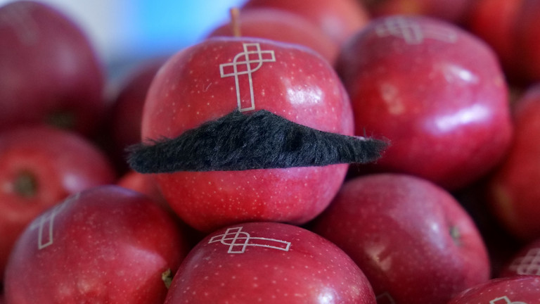 Rote Äpfel mit Schnurrbart bei Movember-Aktion beim Spiel der Hamburg Towers, Urologie und Männergesundheit in Hamburg, Albertinen Krankenhaus, Hamburg-Schnelsen Rote Äpfel mit Schnurrbart bei der Movember-Aktion für Männergesundheit beim Spiel der Hamburg Towers