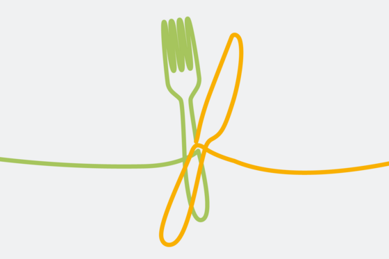 Grafische Darstellung einer Essgabel und eines Speisemessers als orange-grüne Bändergrafik, Speiseversorgung Gesundheitswesen, Krankenhausdienstleister, Kochen und Essen Krankenhaus, Immanuel Albertinen kocht, Berlin, Hamburg Grafische Darstellung einer Essgabel und eines Speisemessers als orange-grüne Bändergrafik