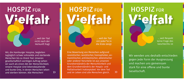 Drei Illustrationen eines bunten Fächers mit Statements gegen Diskriminierung, Ausgrenzung und Rassismus auf unterschiedlich eingefärbten Flächen in grün, organe und dunkellila, Aktion Hospiz für Vielfalt, Hamburger Hospize, Diakonie Hospiz Volksdorf Drei Illustrationen eines bunten Fächers mit Statements gegen Diskriminierung, Ausgrenzung und Rassismus auf unterschiedlich eingefärbten Flächen in grün, orange und dunkellila, Aktion Hospiz für Vielfalt