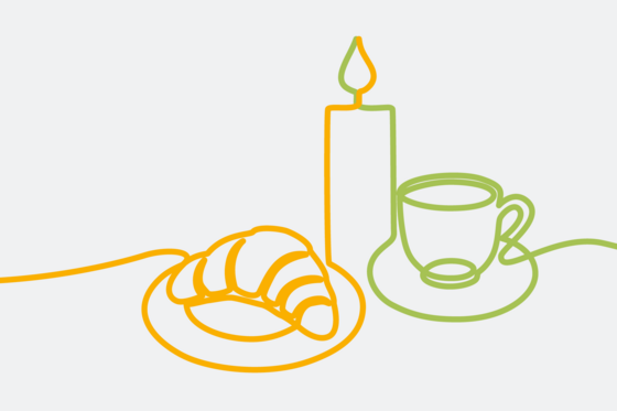 Grafische Darstellung eines Croissants mit Kaffeetasse und Kerze als Bändergrafik, Speiseversorgung Gesundheitswesen, Krankenhausdienstleister, Kochen und Essen Krankenhaus, Immanuel Albertinen kocht, Berlin, Hamburg Grafische Darstellung eines Croissants mit Kaffeetasse und Kerze als Bändergrafik