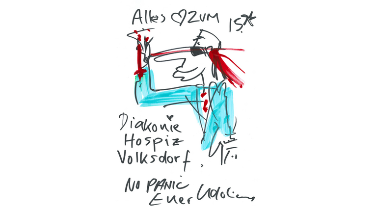 Zeichnung von Udo Lindenberg zum Jubiläum des Diakonie Hospizes Volksdorf, Hamburg Zeichnung von Udo Lindenberg zum Jubiläum des Diakonie Hospizes Volksdorf, Hamburg
